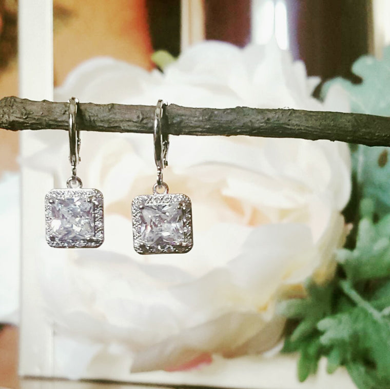 Crystal Square Dangle Earrings Silver