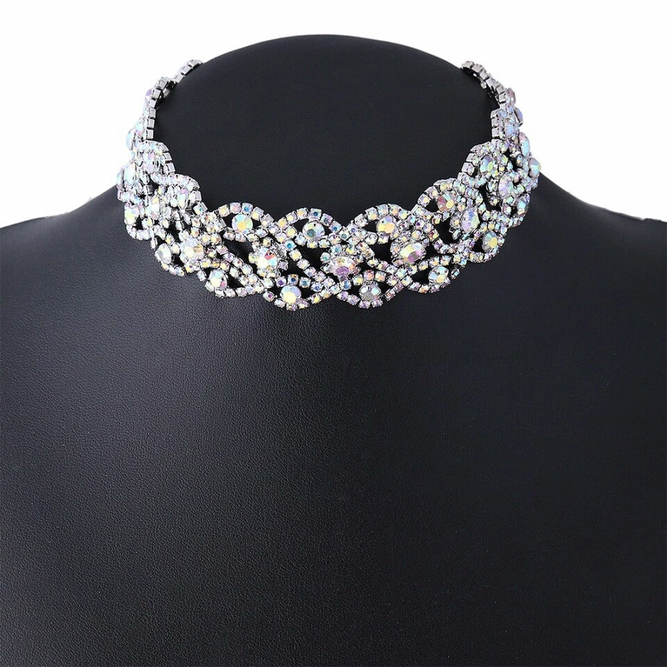 AB Rhinestone Rainbow Color Crystal Choker Silver Plated