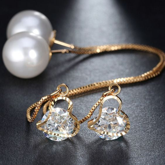 Long Drop Crystal Heart Imitation Pearl Dangle Earrings